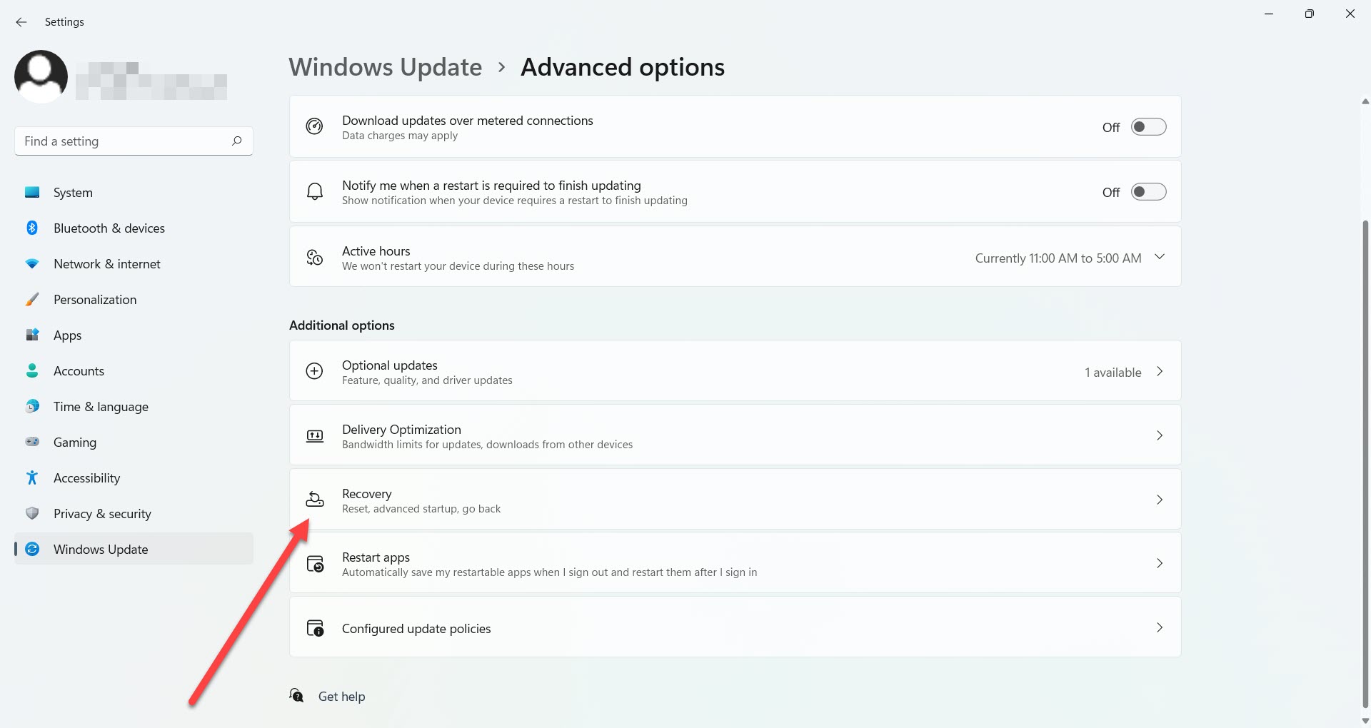 Advanced update options screen