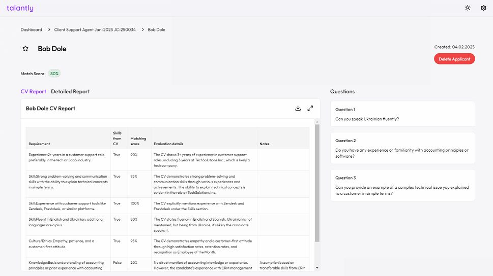 CV analysis report providing candidate evaluation and questions