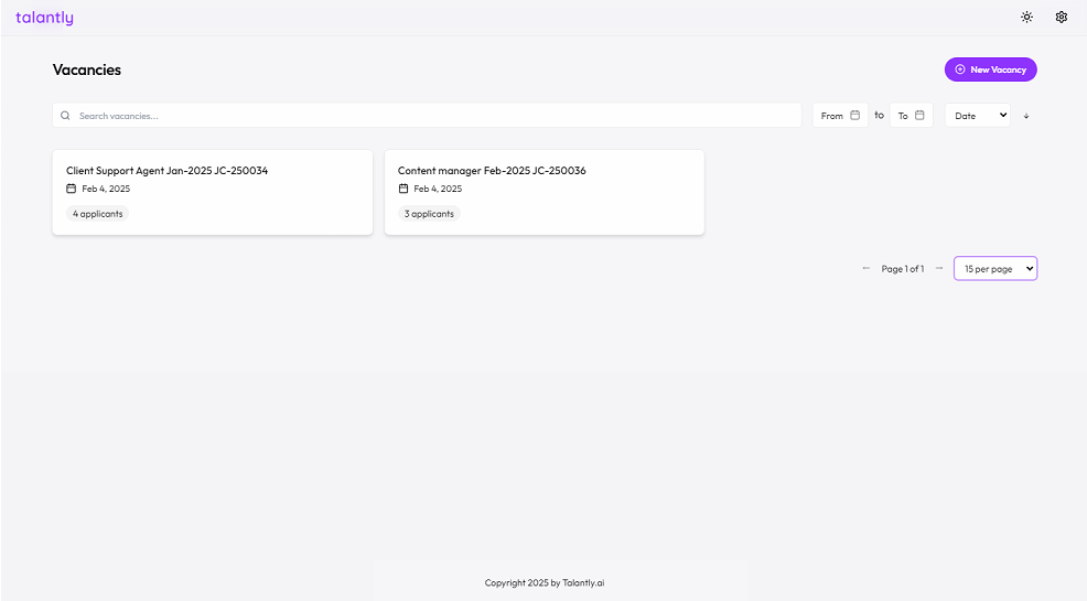 Talantly AI dashboard with vacancy list and indication of number of aplicants