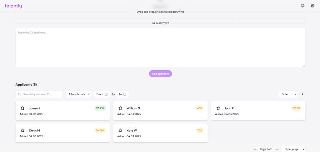 Candidate creation upload CV candidate ratings search and sort candidates — Talantly.ai