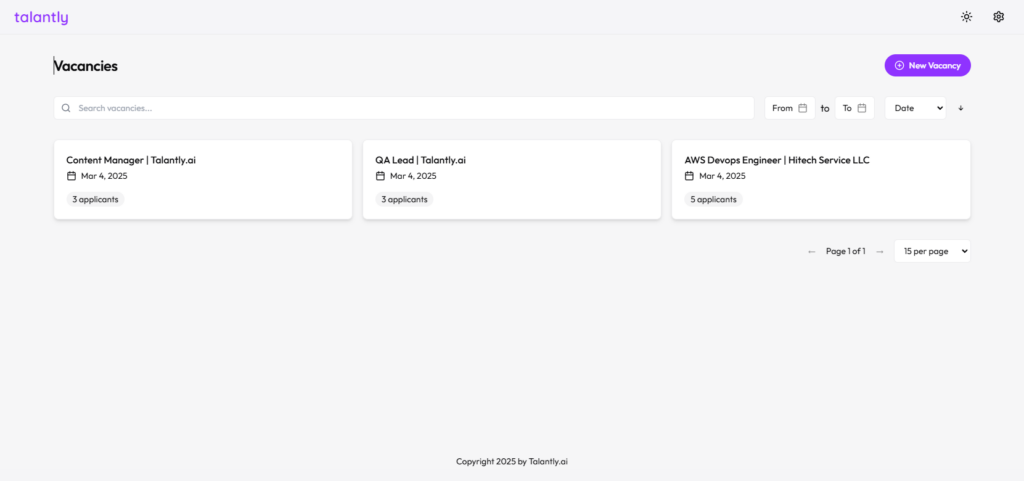 Dashboard with vacancies search and filter — Talantly.ai