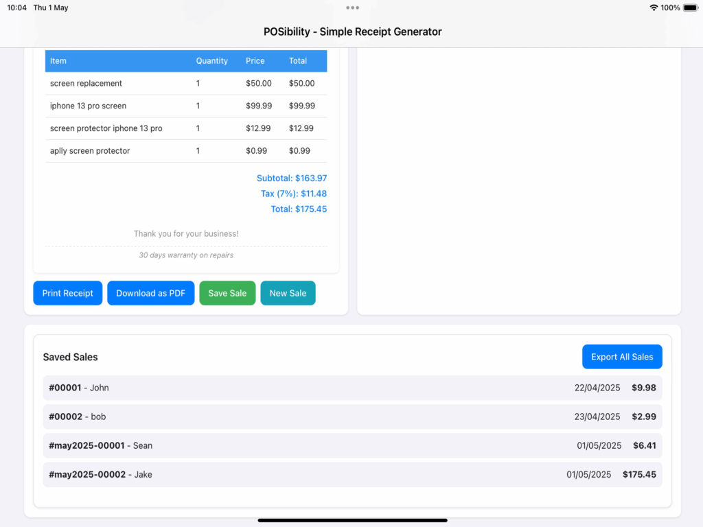 Sales History for reciept generator - simple POS