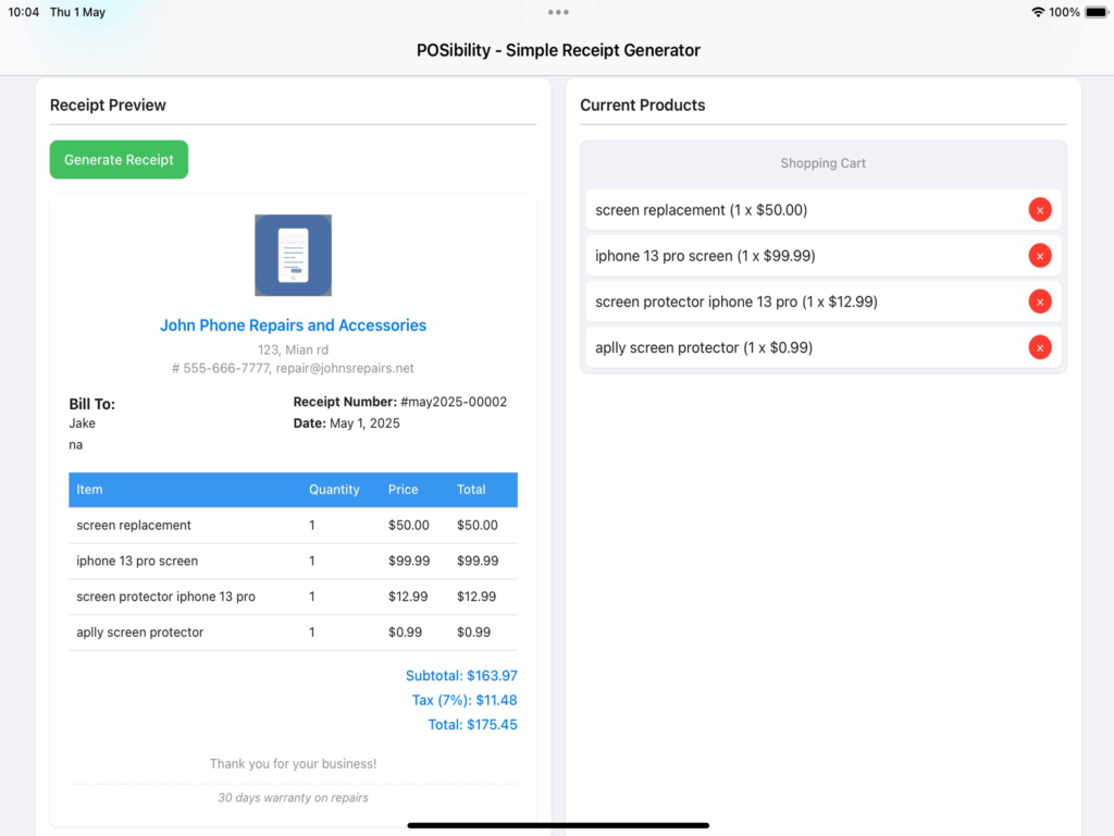 Generating reciept for reciept generator - simple POS