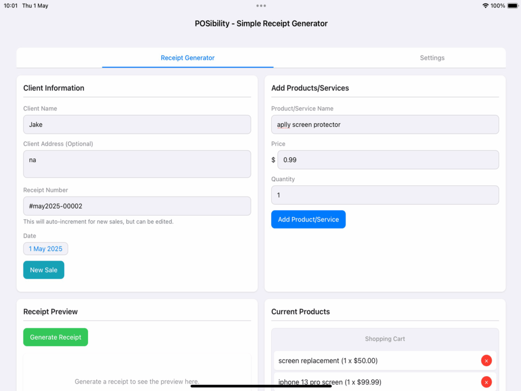 Sale process for reciept generator - simple POS