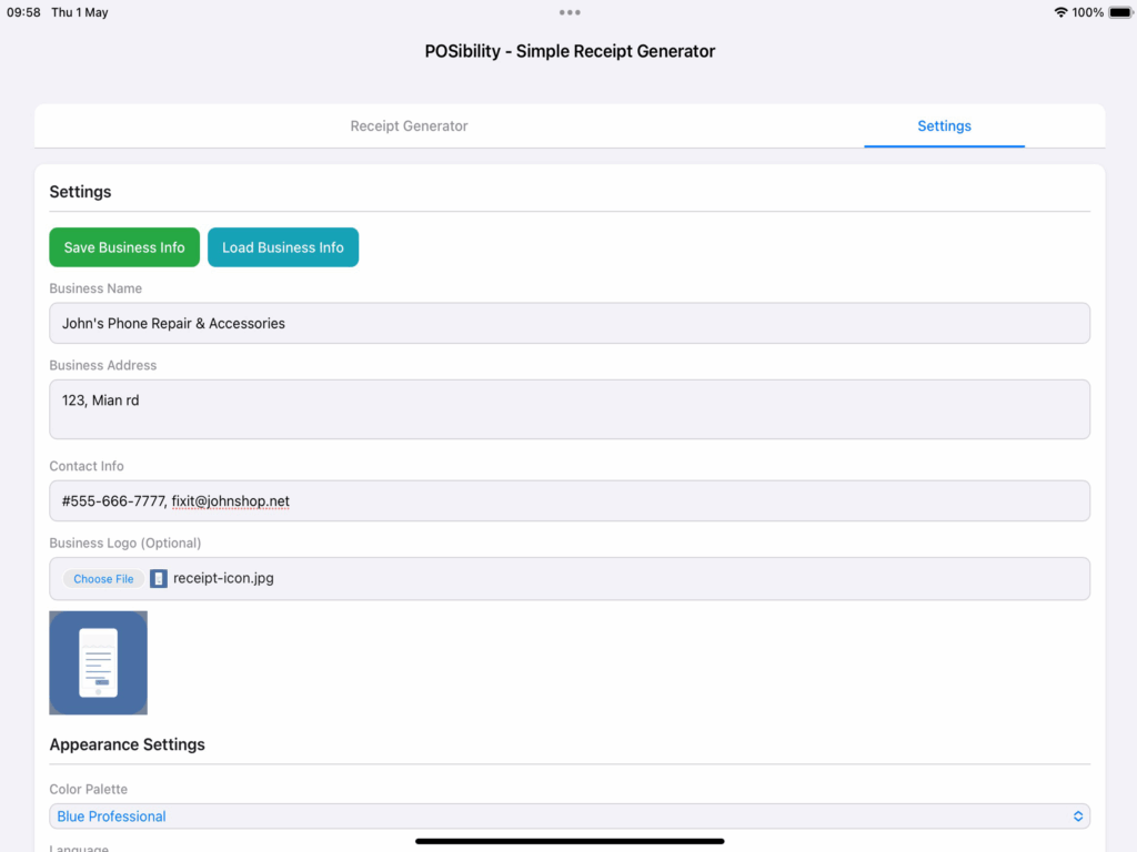 Settings screen for reciept generator - simple POS