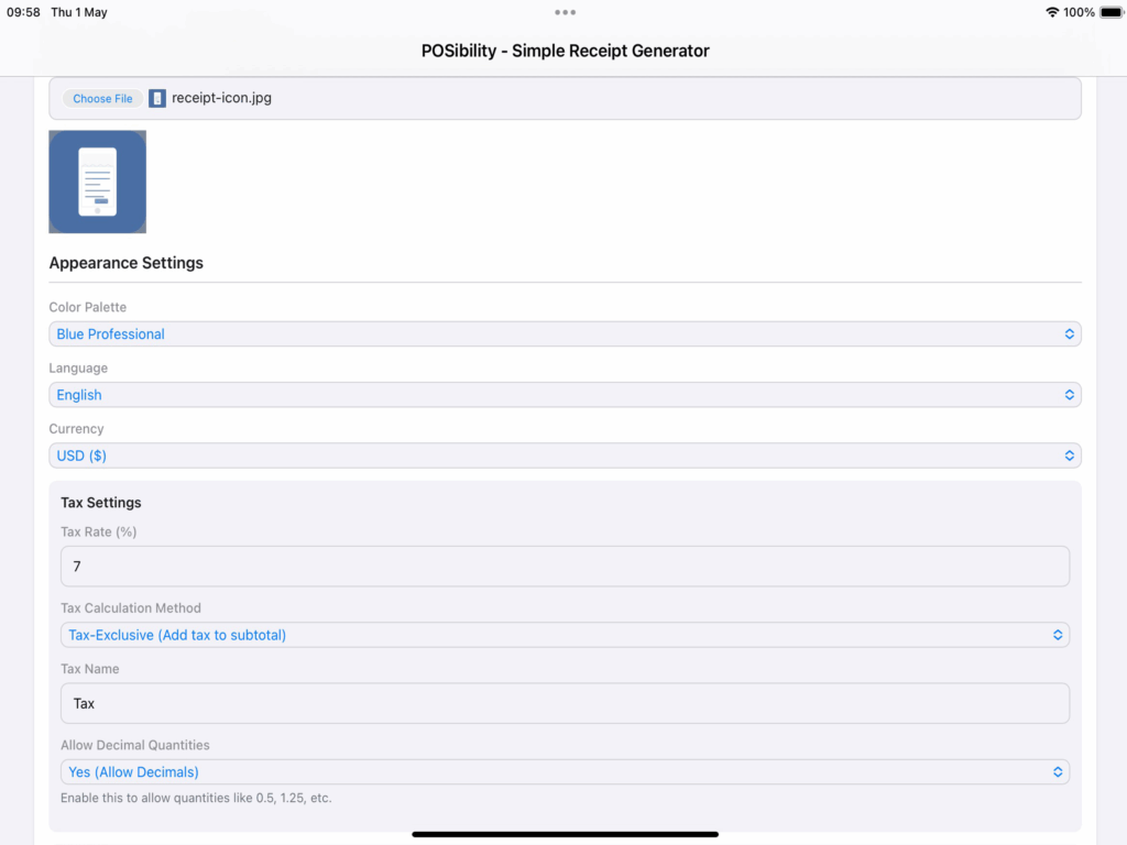 Settings screen for reciept generator - simple POS