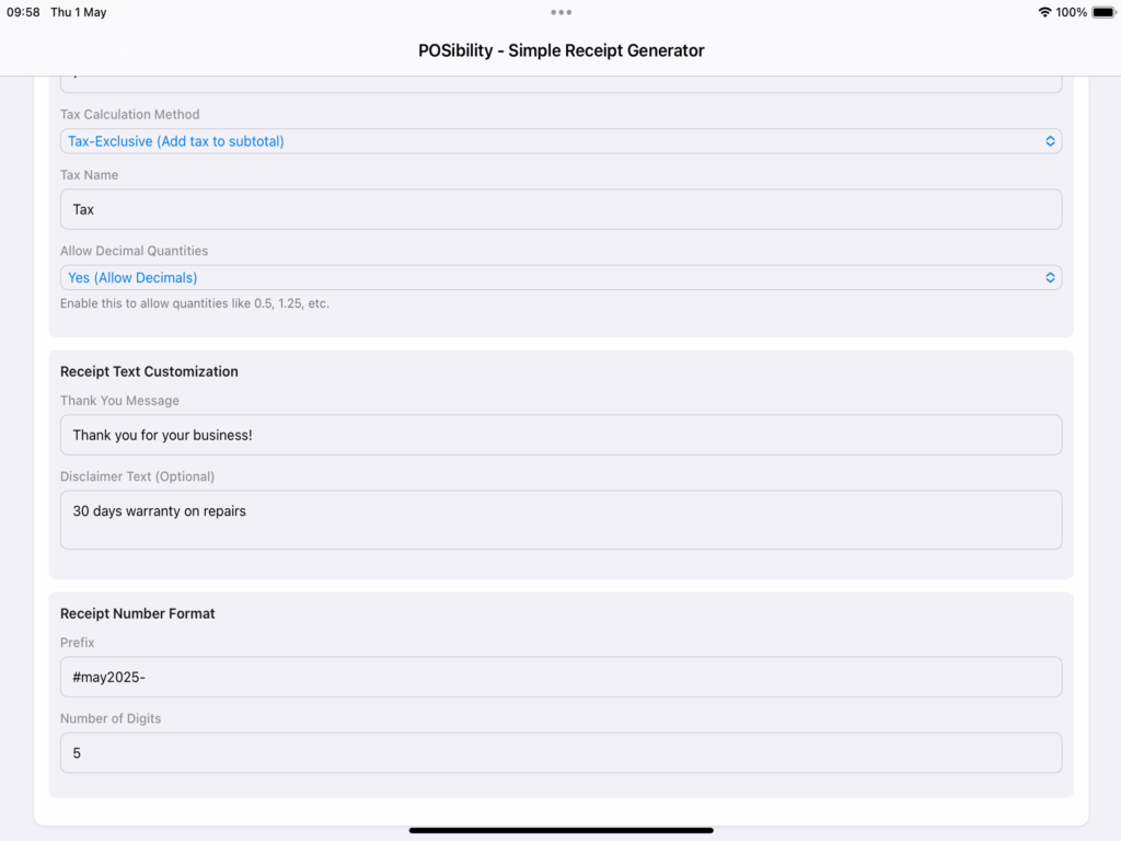 Settings screen for reciept generator - simple POS