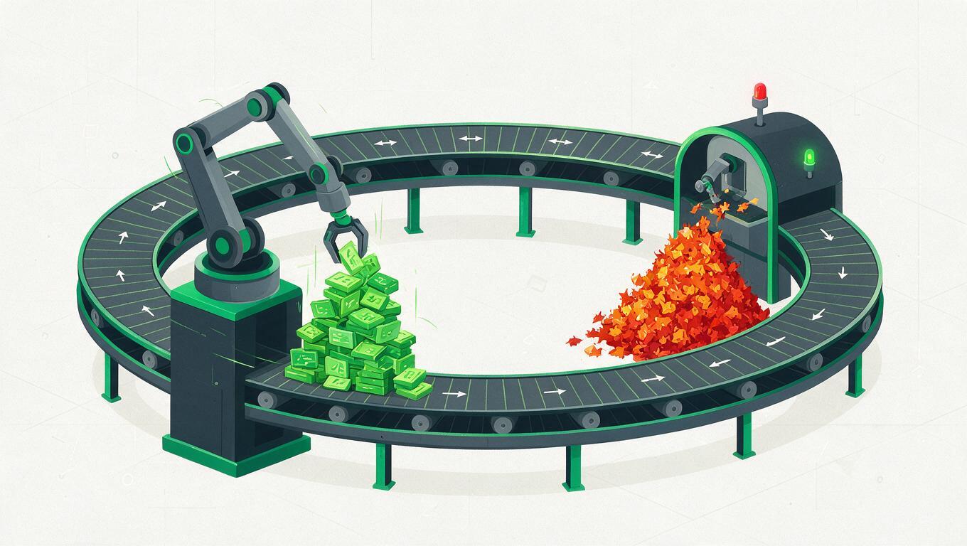 A circular conveyor loop where a robotic arm stacks code blocks faster than a small inspection station can process the growing pile of bugs beside it