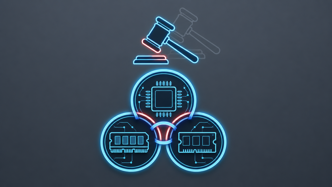 A gavel above three interlocking circular memory chip icons, with a faint ghosted duplicate gavel behind it representing history repeating