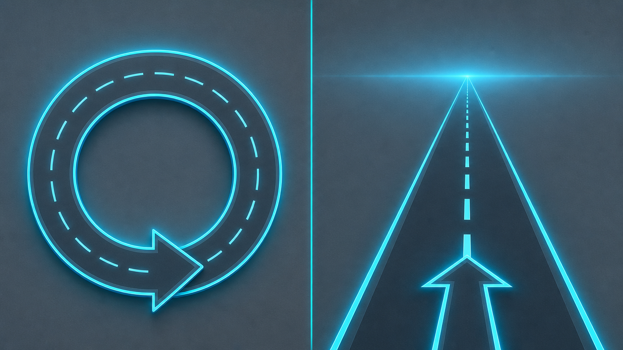 A split illustration showing a circular looping road on one side and a straight one-way road disappearing into the distance on the other, representing a cyclical shortage versus a structural permanent shift