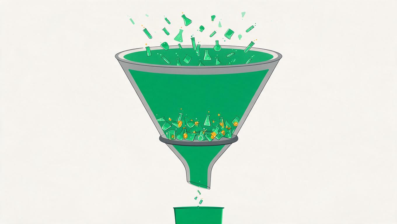 A funnel with many test flasks entering at the top, most stuck at a pilot-stage ledge in the middle, and only a thin trickle reaching production at the bottom