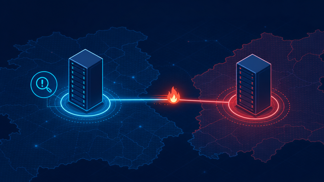 Two connected server racks on a map, one under investigation with a magnifying glass icon, connected by a line with a spreading fire icon reaching the second server rack which is beginning to glow red