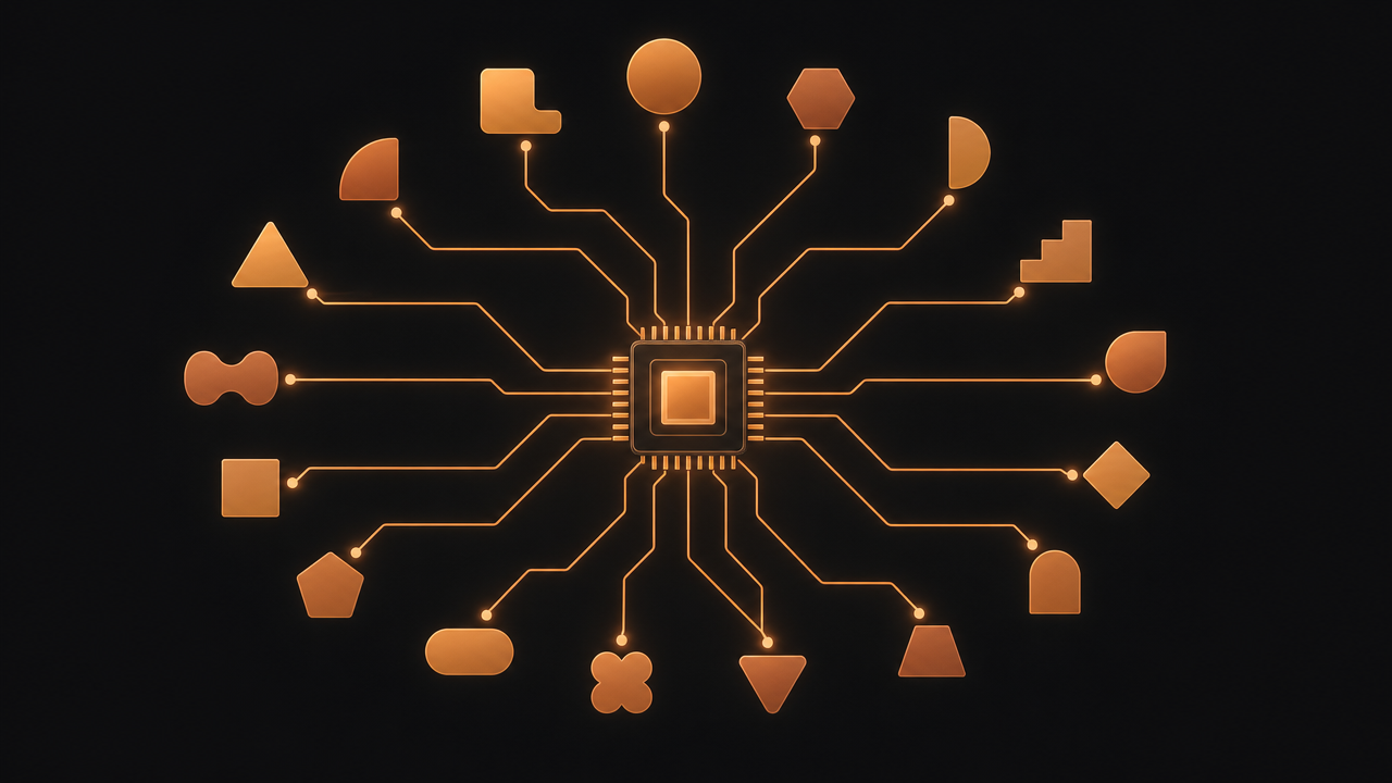 Many small abstract company-shaped icons arranged in a circle, each connected by a glowing copper line converging into a central chip icon