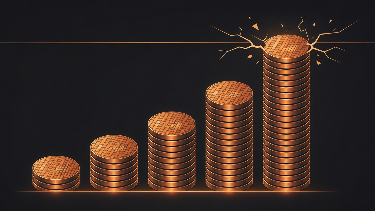 A rising bar chart made of stacked copper coin-like discs, breaking through a ceiling line at the top with cracks radiating outward