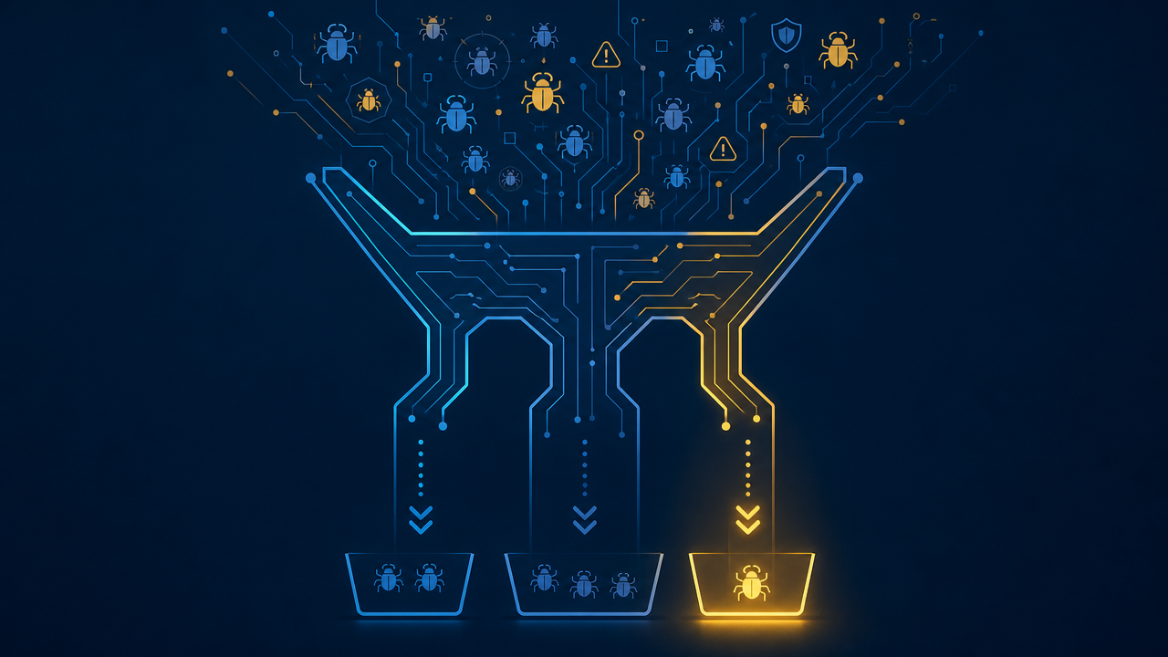 A three-lane sorting funnel made of circuit-board lines separating vulnerability bug icons into risk tiers, with the shortest lane glowing gold for highest urgency