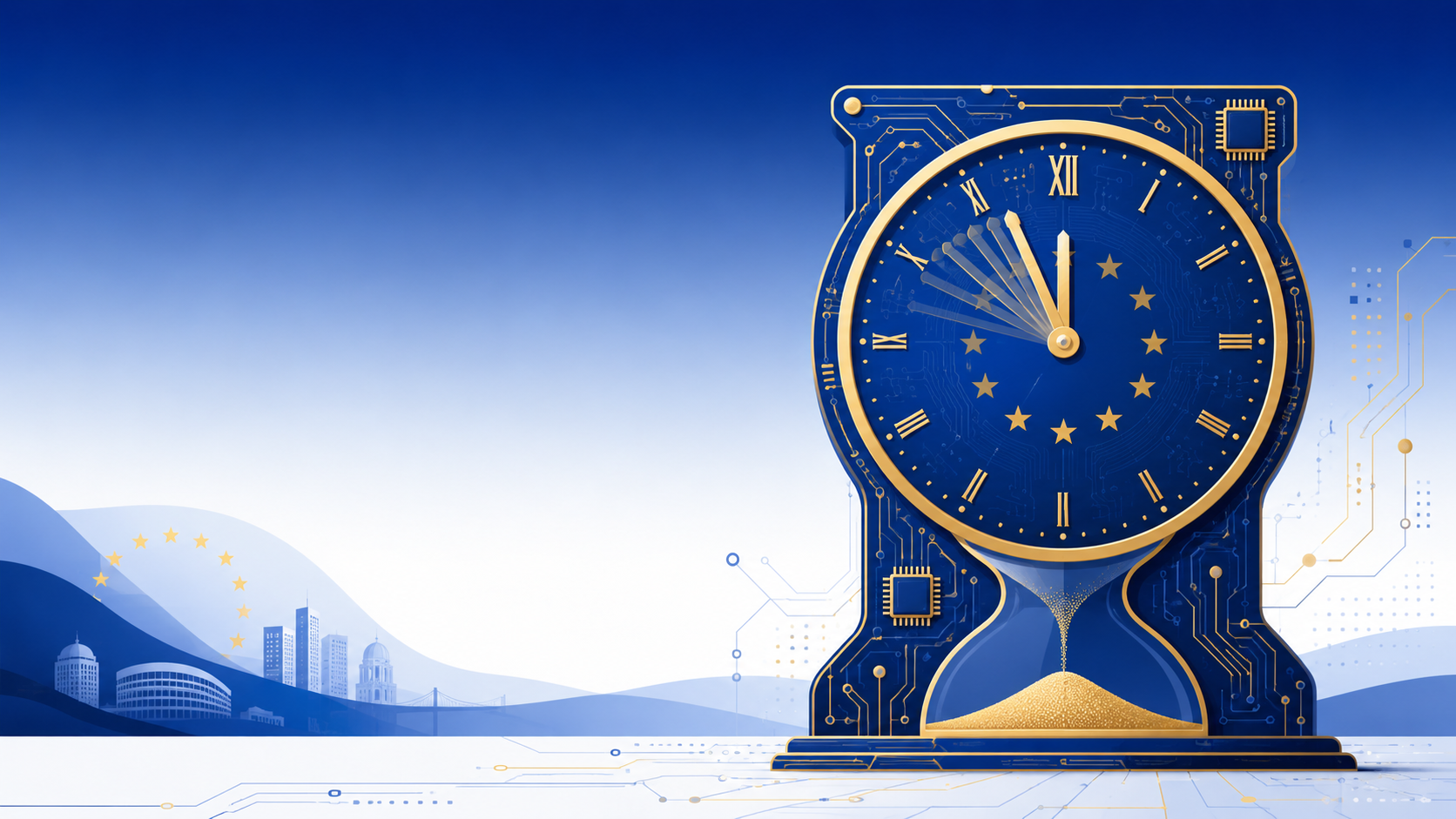 Illustration of a clock and hourglass made of circuit-board patterns in EU flag blue and gold, symbolizing the delayed EU AI Act high-risk compliance deadline