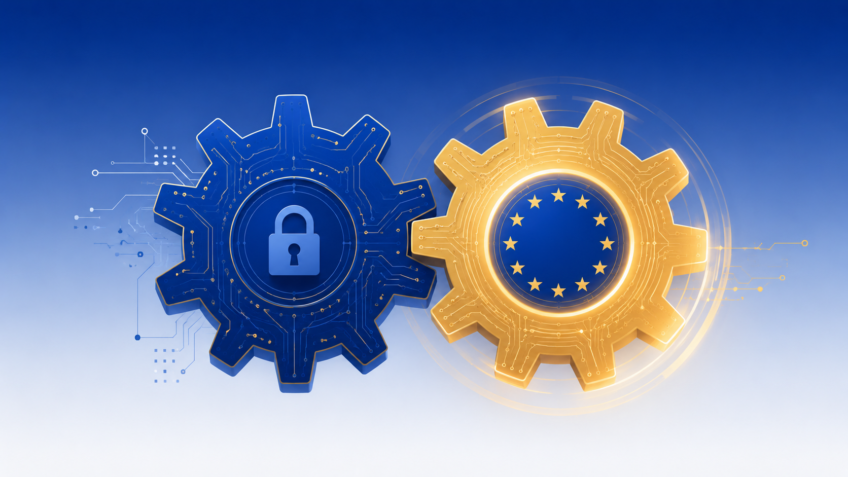 Two interlocking circuit-board gears in EU blue and gold, one frozen with a padlock icon representing the delayed AI Act, the other spinning representing GDPR still fully in force