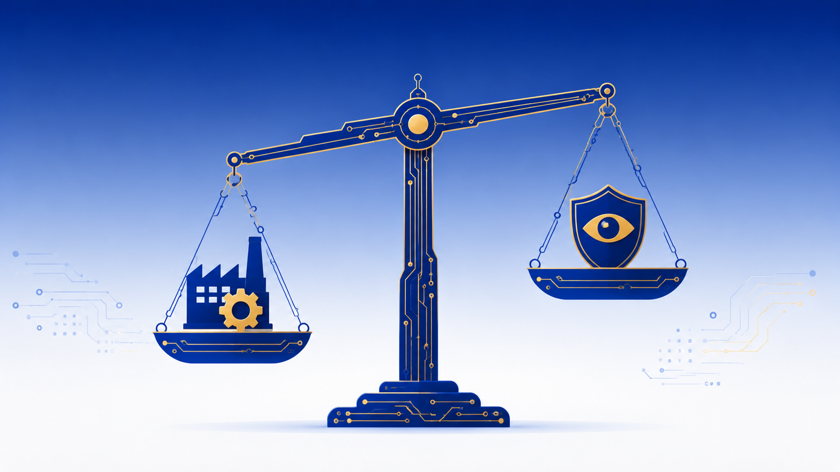 A circuit-board balance scale weighing industry relief against regulatory oversight concern, in EU blue and gold