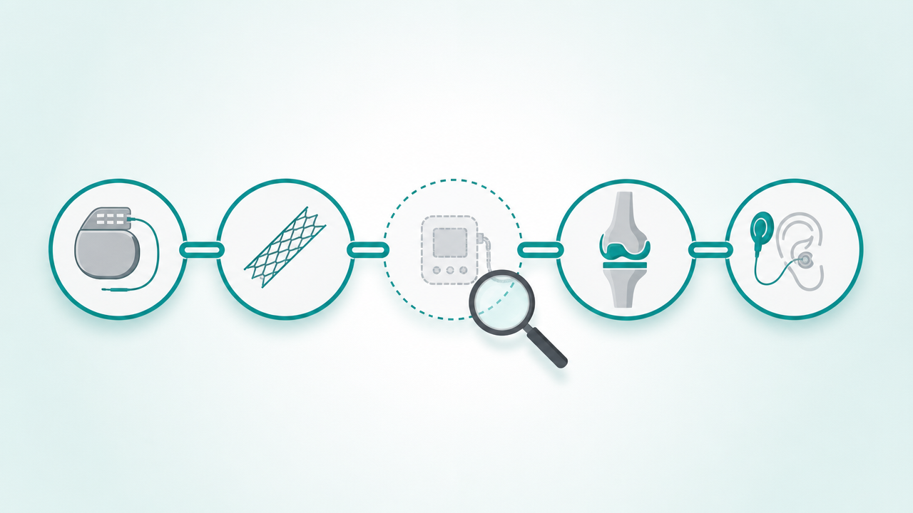A chain of connected medical device icons representing regulatory predicate lineage, with one link in the middle faded and dotted, inspected by a magnifying glass
