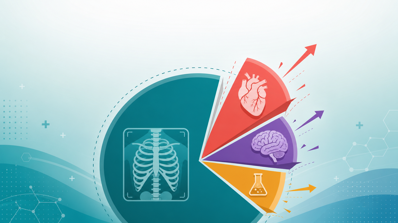 A dominant teal radiology pie slice with an X-ray icon, next to smaller but rapidly growing slices for cardiology, neurology, and pathology with upward arrows