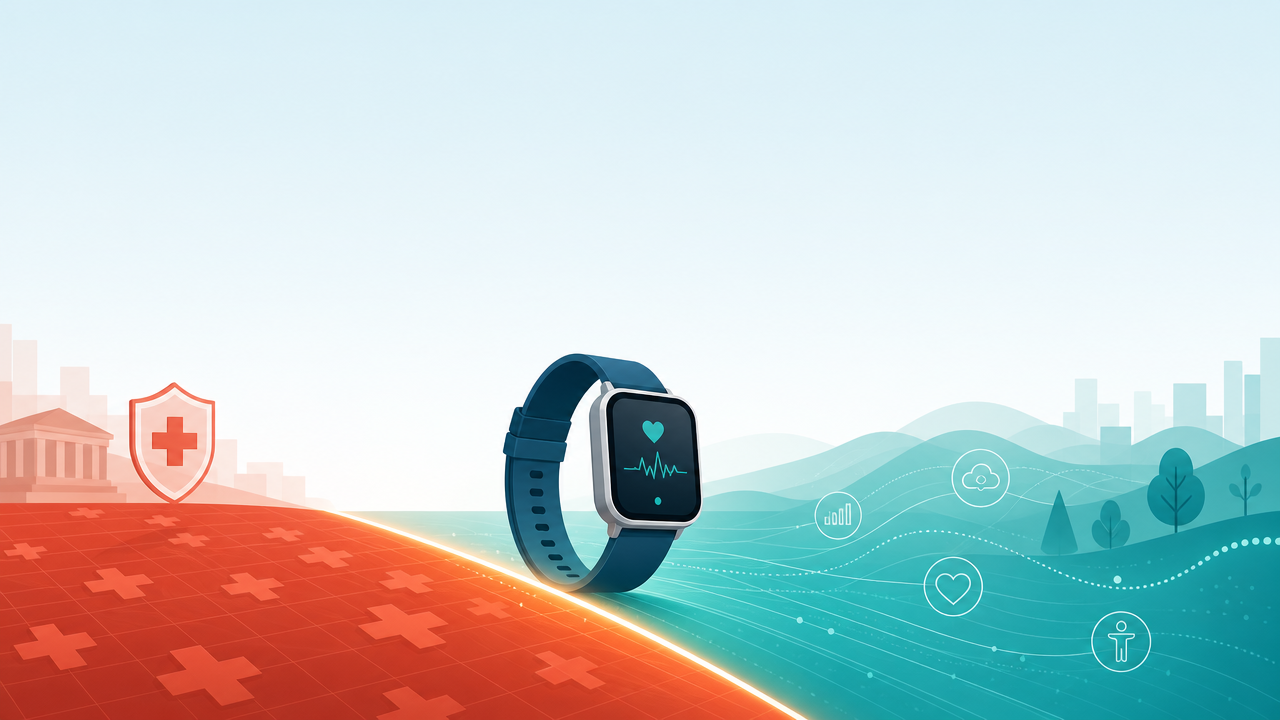 A wearable smartwatch crossing a glowing dividing line on the ground, from a red regulated medical zone to a teal open wellness zone