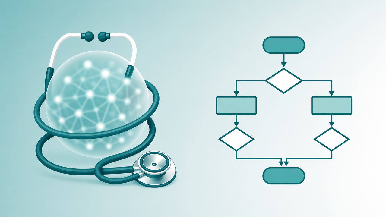 A stethoscope wrapped around a foggy neural network sphere next to a clear rules-based flowchart, contrasting generative AI opacity with traditional clinical decision support logic