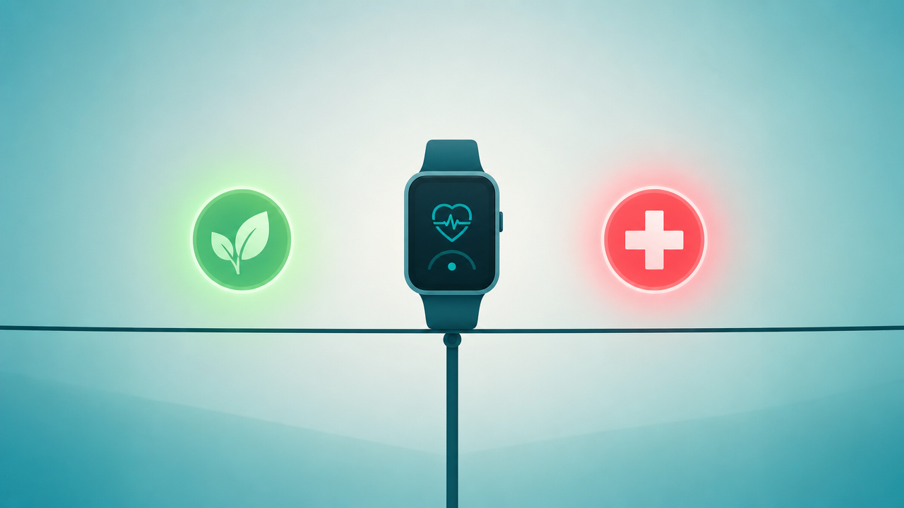 A wearable device balanced precisely on a line between a green wellness leaf icon and a red medical cross icon
