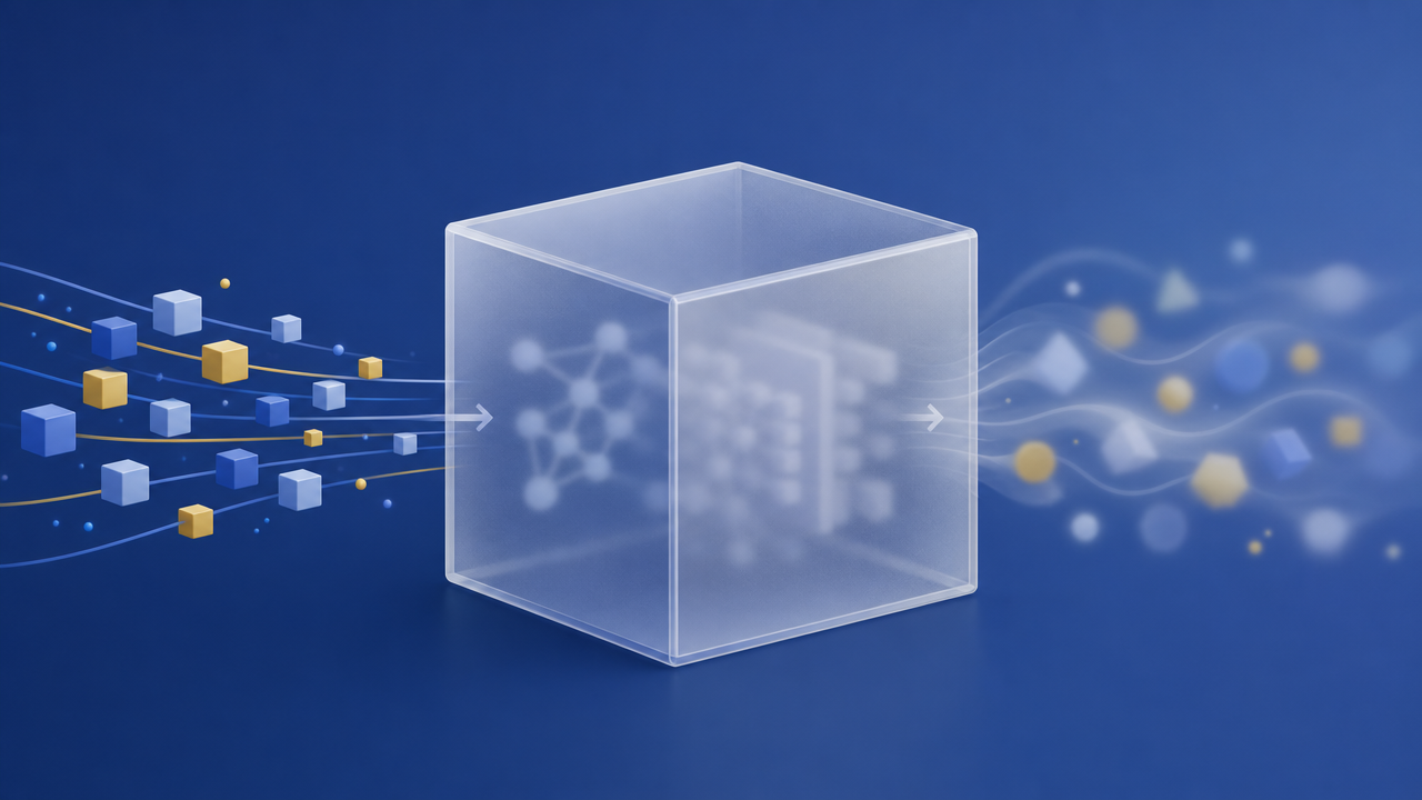 A translucent frosted glass box with data blocks flowing in on one side and blurry indistinct shapes flowing out the other, symbolizing an opaque AI model