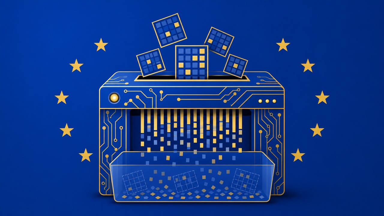 A circuit-board paper shredder destroying data-block icons, with faint ghosted block outlines remaining in the output tray, symbolizing incomplete data deletion