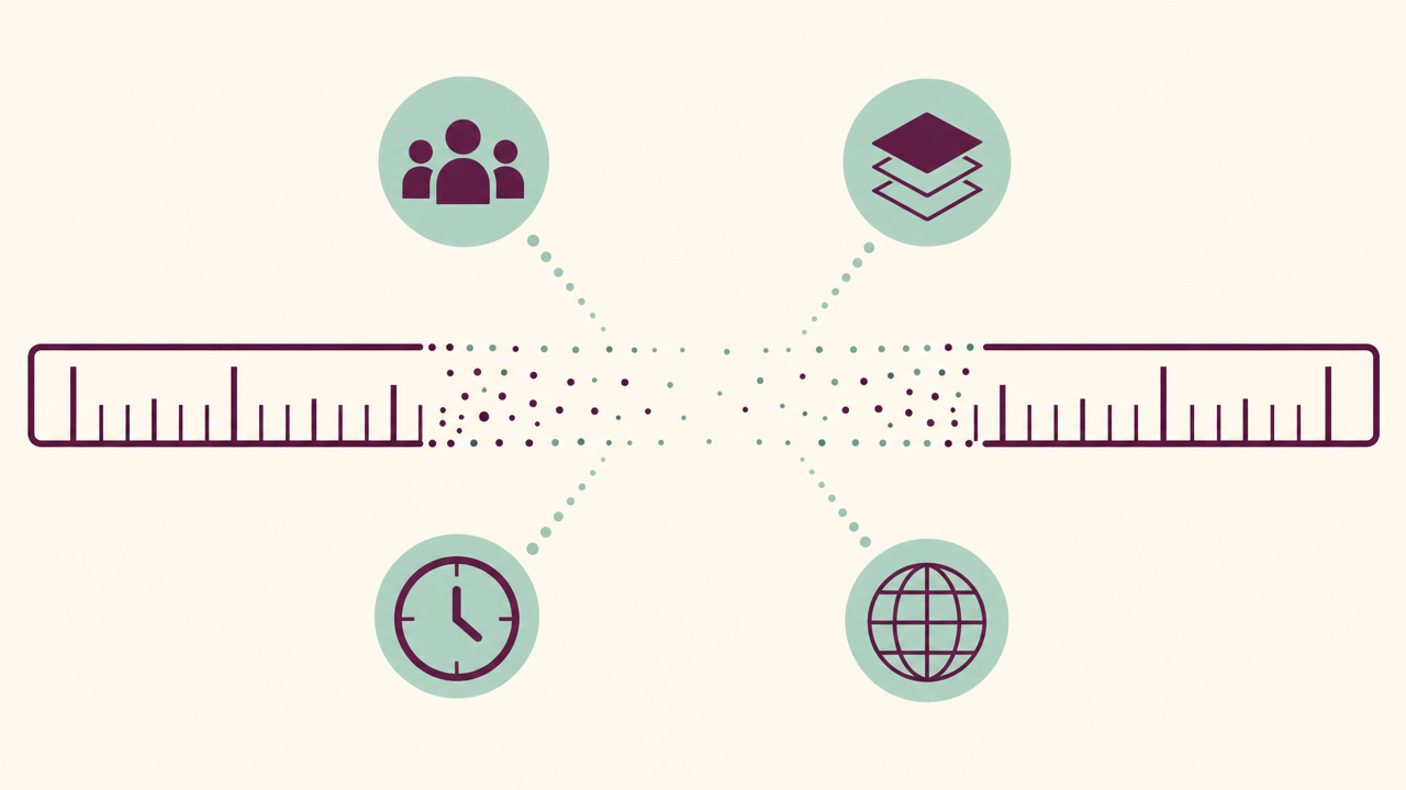 A measuring ruler whose markings dissolve into dots in the middle, surrounded by icons for number of people, data volume, time and geographic reach