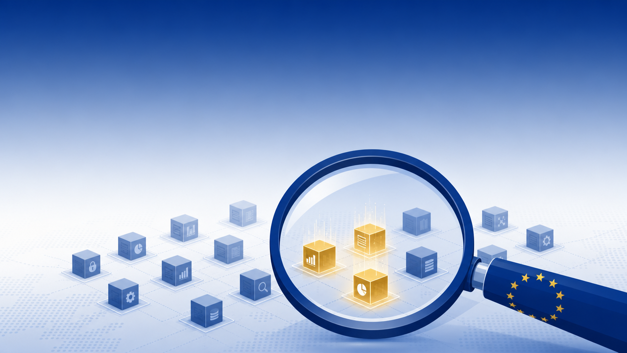 A magnifying glass with an EU-star pattern inspecting a grid of data-block icons, with a few blocks highlighted in gold