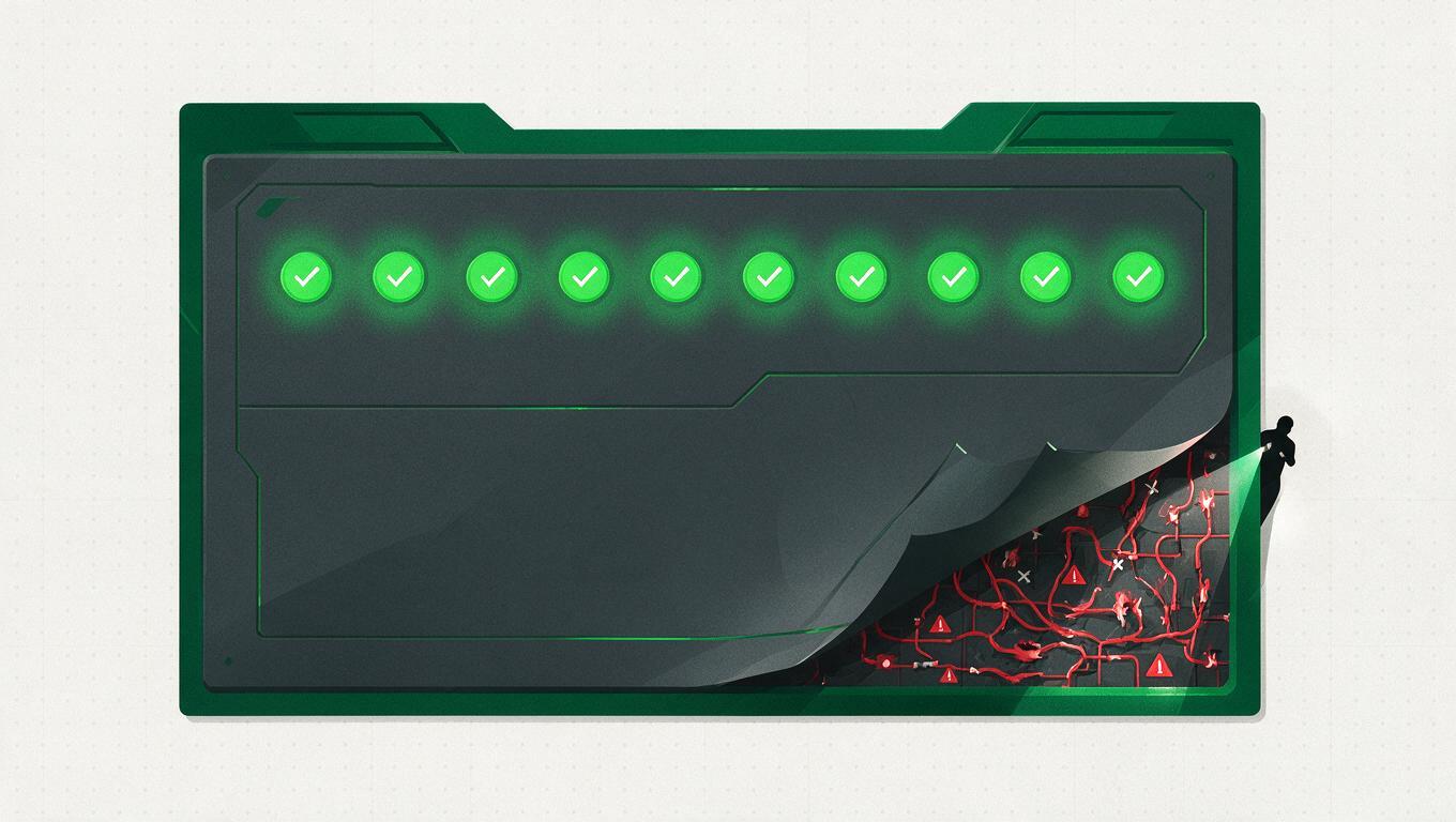 A dashboard full of glowing green checkmarks with a lifted corner revealing hidden broken red connections behind it, and a small figure with a flashlight inspecting