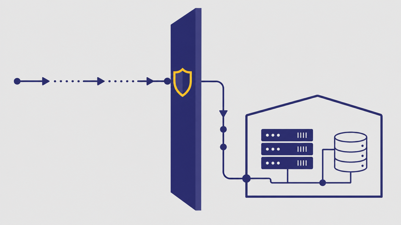 A data flow line travelling right, stopped by a shield-marked boundary wall and looping back down into a self-contained on-premise server building