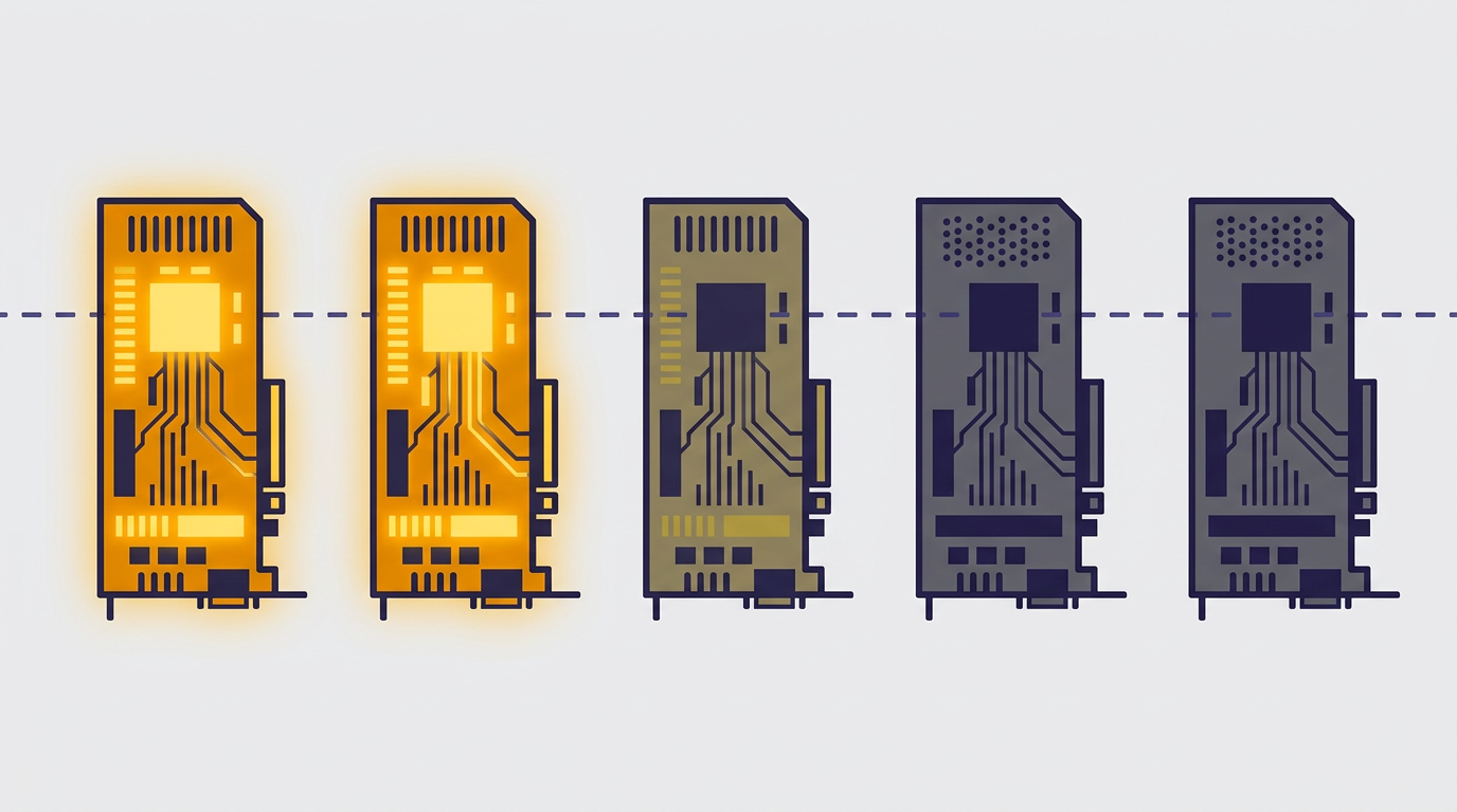 Five GPU cards in a row, two glowing amber and three dark, with a dashed threshold line running behind them above the active ones