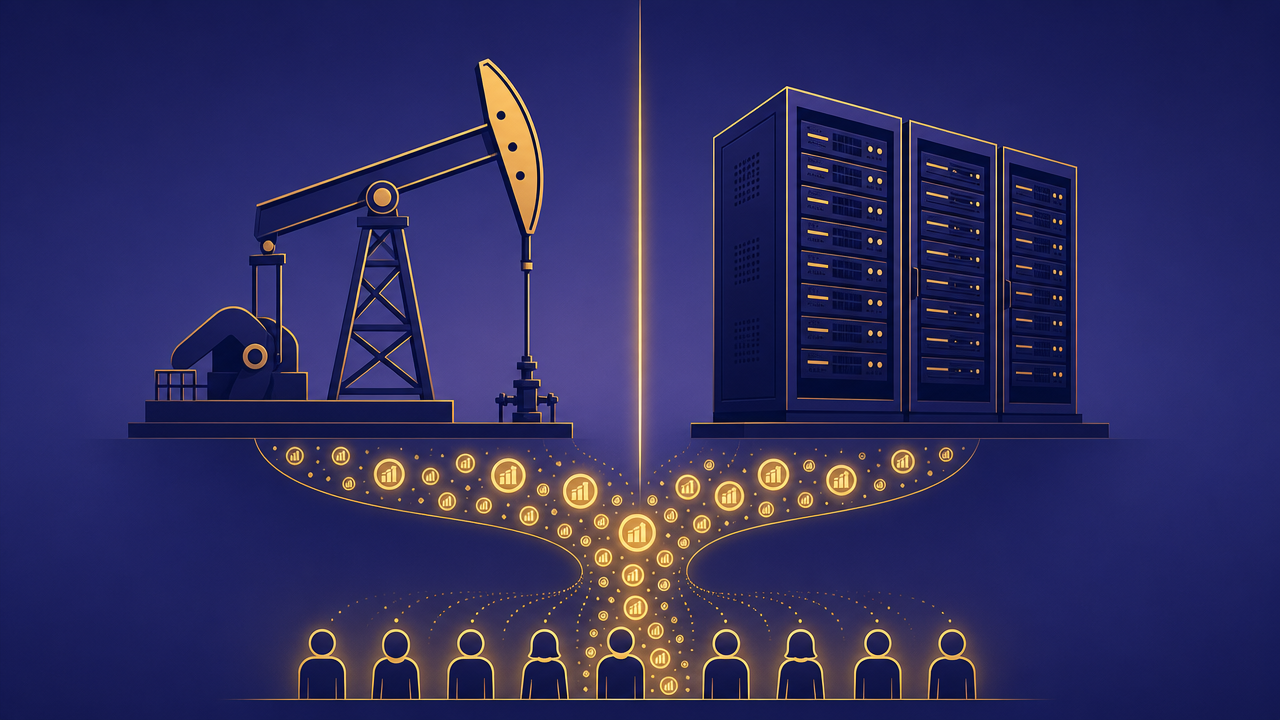 An oil pump-jack rig mirrored by a data-center server rack, both feeding a stream of dividend coin icons down to a row of small human silhouettes