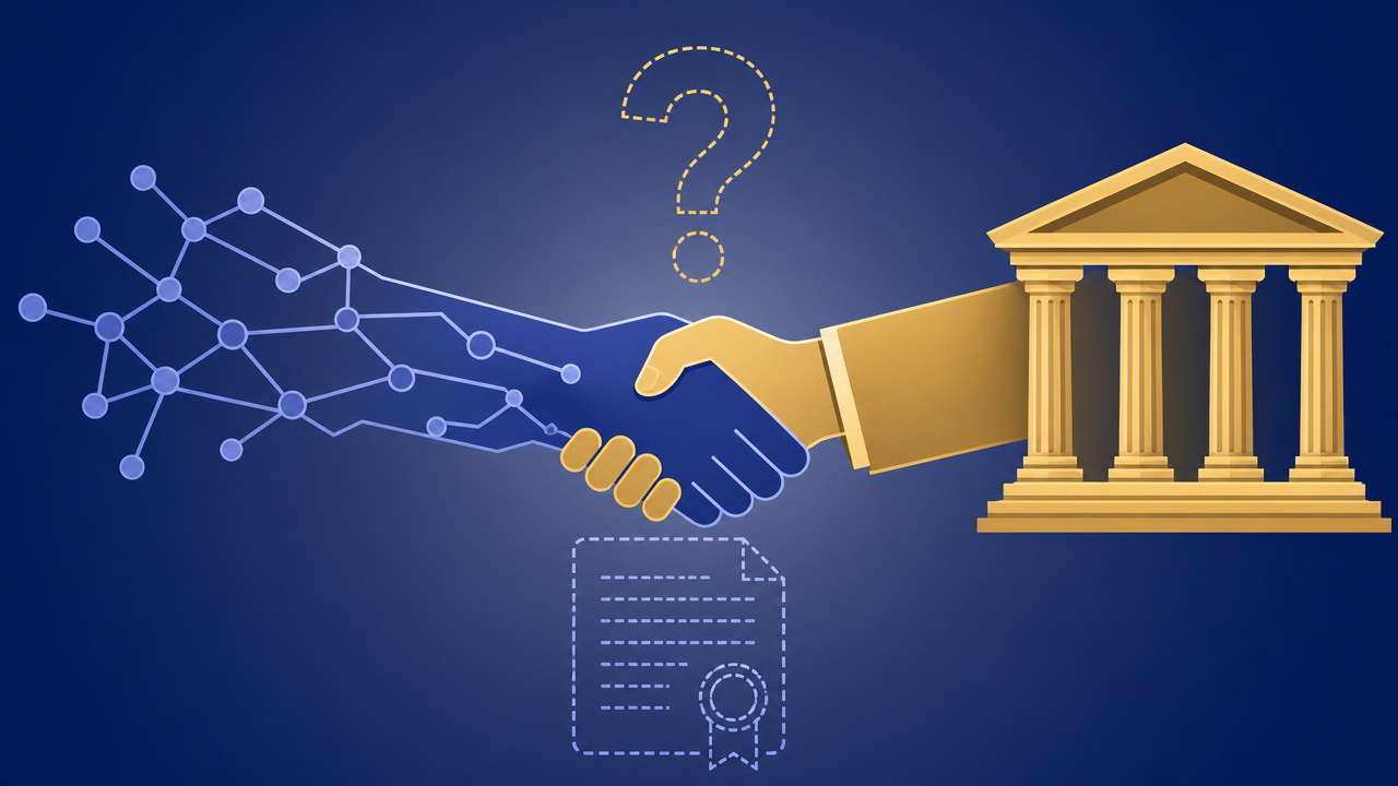 A handshake between an abstract AI network hand and a classical government-building hand, with a dashed question mark above and a partially sketched contract document below