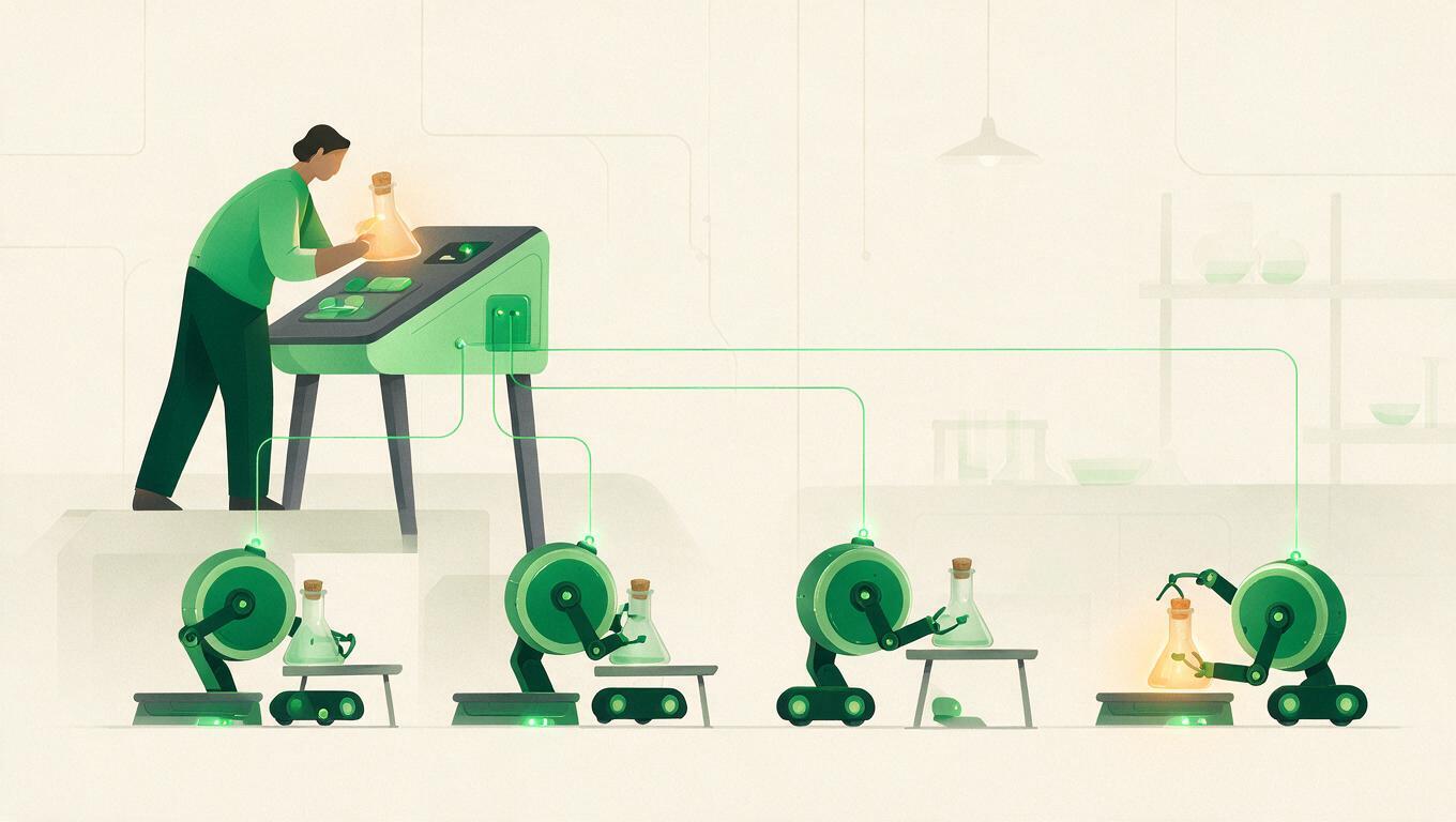 A QA engineer at a control console supervising a row of small testing robots, leaning toward one whose flask glows amber with a potential problem