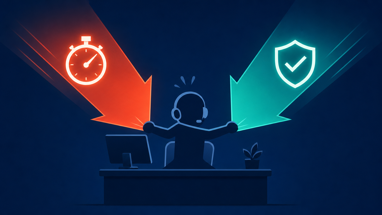A help desk agent silhouette being pulled between a glowing red stopwatch arrow representing speed pressure and a teal shield-checkmark arrow representing verification requirements