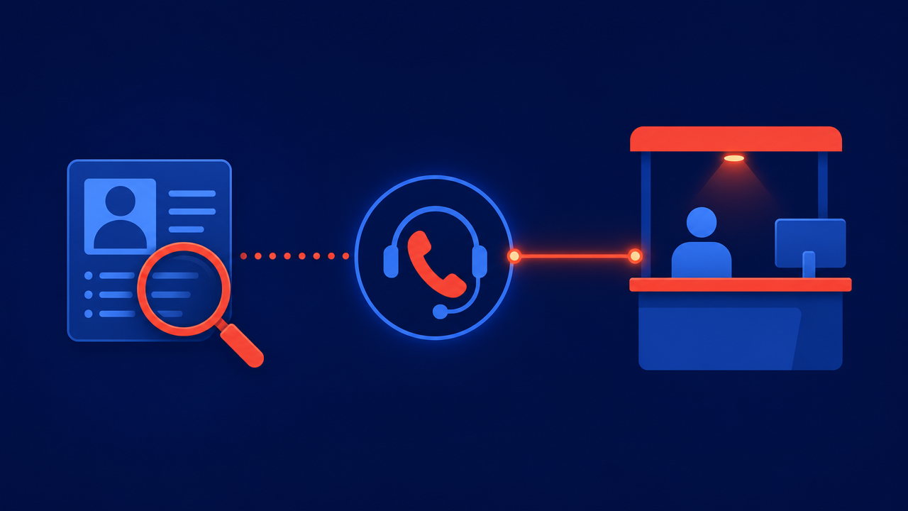 A profile card with a magnifying glass over it, connected to a phone headset icon, connected to a help desk counter with an agent, representing reconnaissance leading into a vishing call