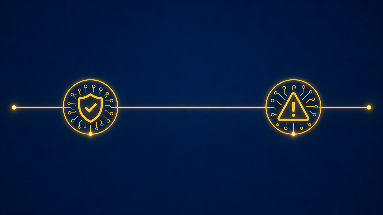 A timeline connecting a shield-checkmark icon representing a patch release to a warning-triangle icon representing active exploitation, with an empty gap between them