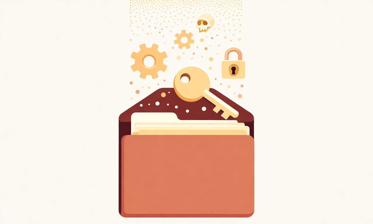 An opening folder with keys, gears and a padlock escaping upward as fine particles