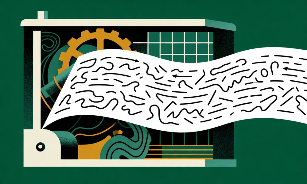 A long printed transcript ribbon covered in abstract marks unspooling from a machine whose internal gears follow a completely different pattern, illustrating that an agent reasoning trace does not describe the computation that produced the action