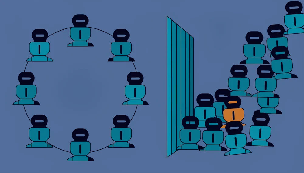 Two workload models side by side: on the left virtual users circulating in a closed loop, on the right an unregulated open stream of arrivals piling up at a narrow gate