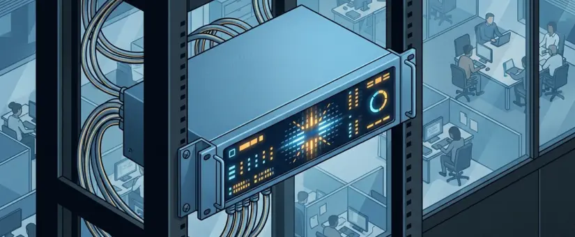 A sealed rack-mounted network appliance behind a glass wall, the only opaque object in an otherwise transparent office