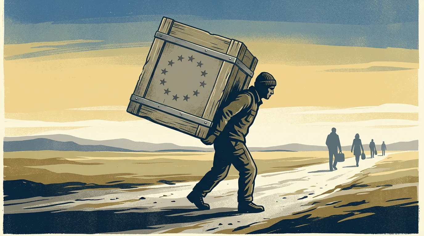 A lone figure carrying an oversized sealed crate marked with a circle of stars while other figures walk away unburdened