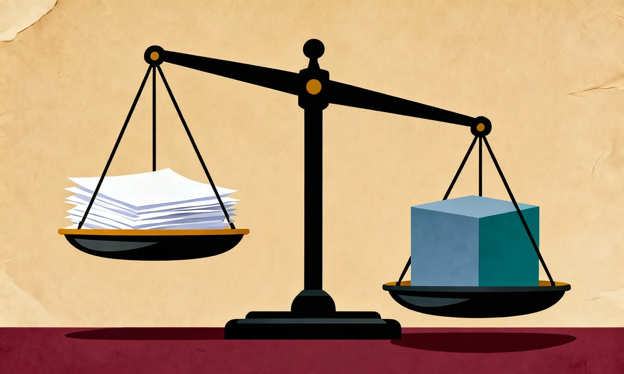 A balance scale tipped decisively by a solid block outweighing a stack of paper