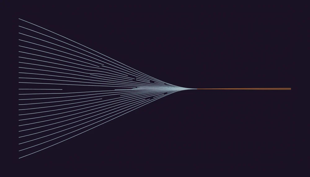 About a hundred thin parallel request paths converging, with one single path running far longer and delaying the convergence point, illustrating how one slow server dominates tail latency under fan-out