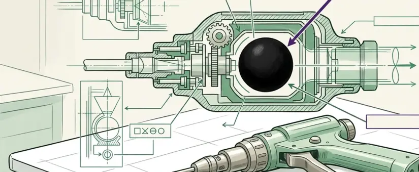 Technical schematic of a medical instrument in which one internal component is an opaque black sphere the callout lines never reach