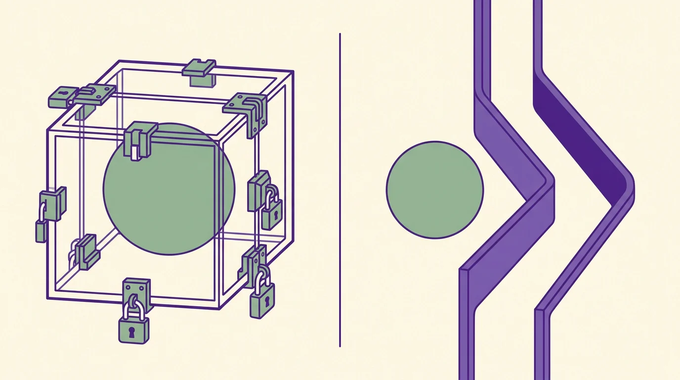 Split diagram: a sphere sealed inside a locked transparent cube, and the same sphere outside a walled channel that routes past it