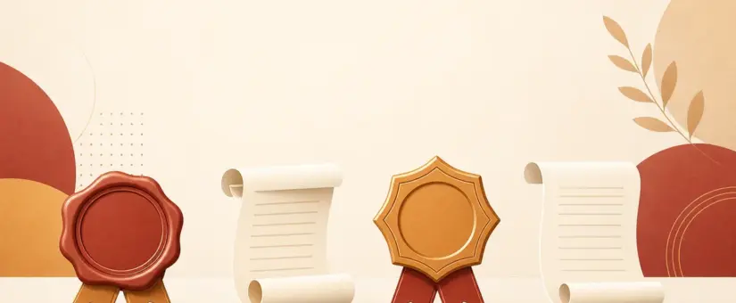 Two wax certification seals beside two unsealed scrolls, illustrating that only SOC 2 and ISO 27001 produce an artifact while GDPR and HIPAA do not